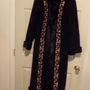 Fabulous Maxi-Length Blk. Suede Coat w/Faux Fur & Embroidery - Sz. 10